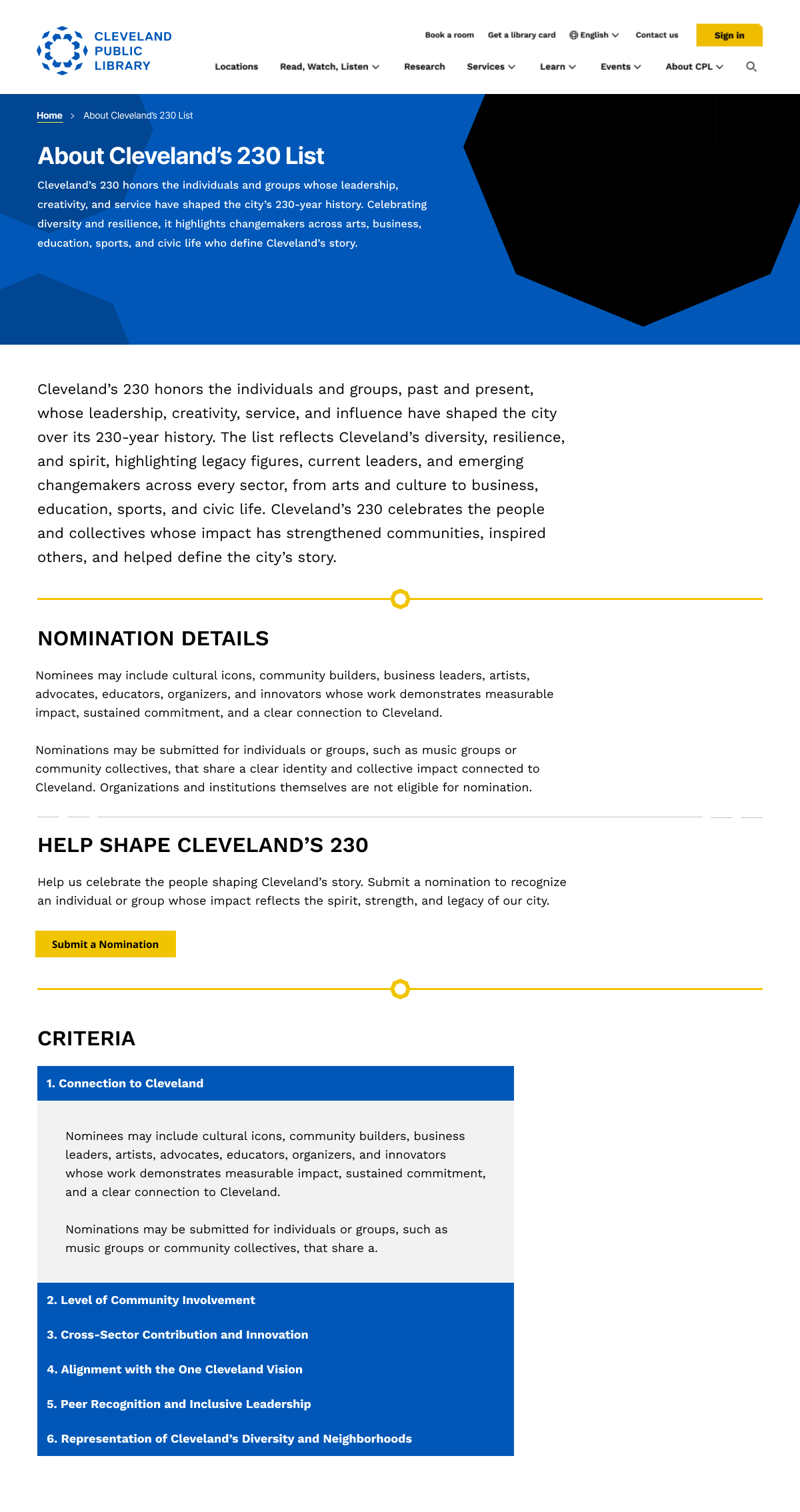 Tall Figma starter-page exploration titled About Cleveland’s 230 List, showing introductory copy, nomination details, a call to action, and criteria panels.