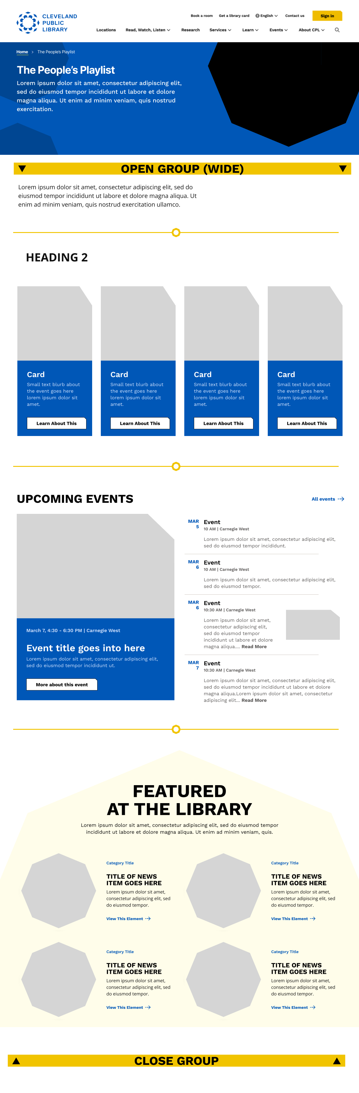 Tall Figma page exploration titled The People’s Playlist, with a Cleveland Public Library banner, yellow group markers, card rows, events, and featured-library sections.
