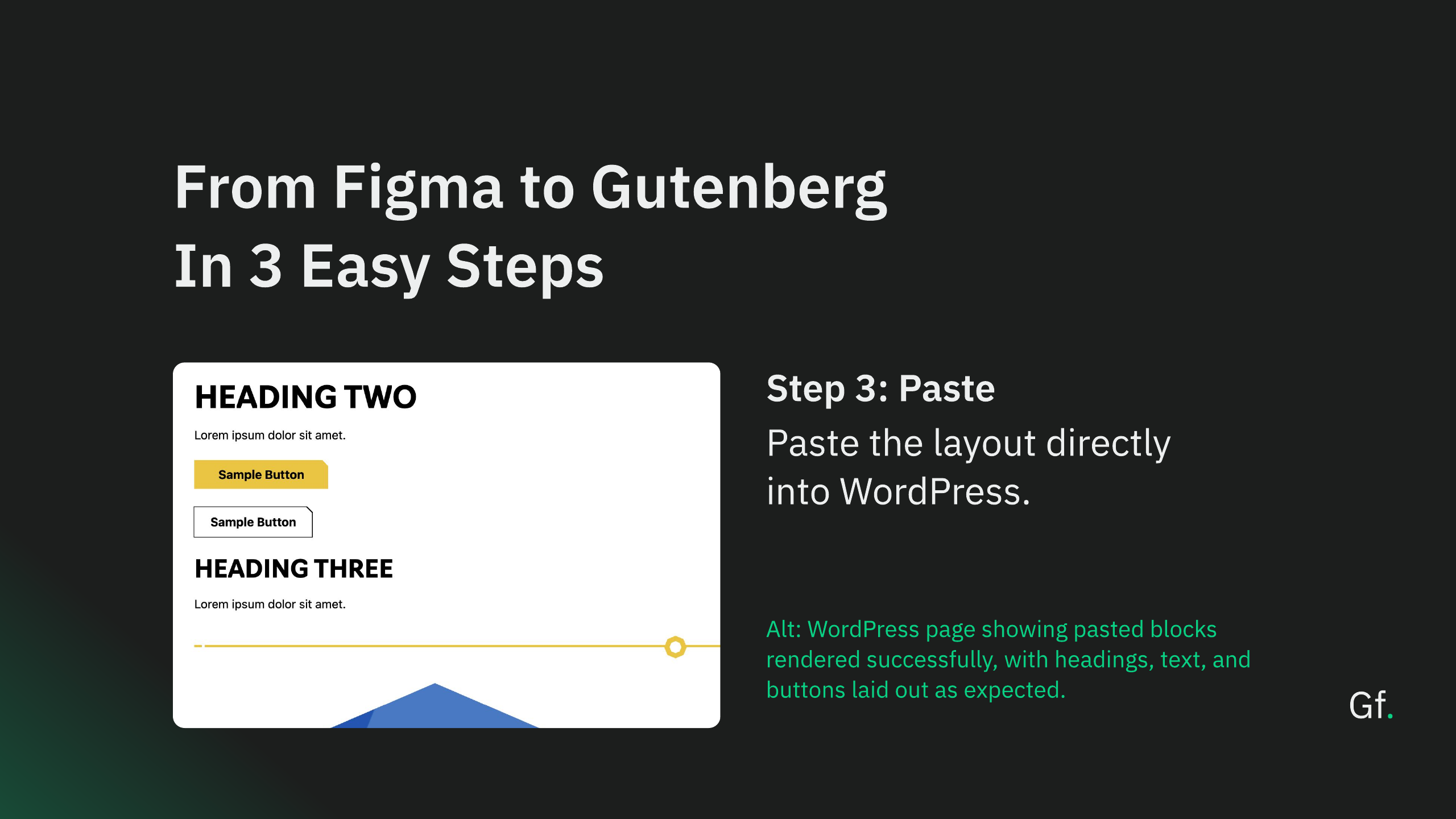 Presentation slide showing a rendered WordPress block layout with headings and buttons, labeled Step 3: Paste.