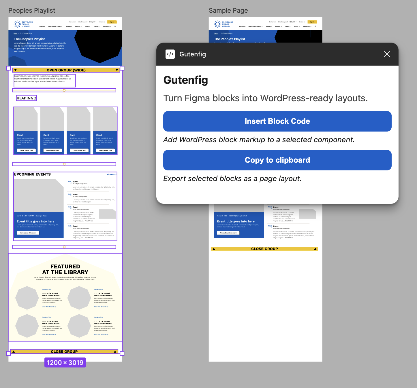 Figma canvas with a tall People’s Playlist page selected beside the Gutenfig plugin, where Copy to clipboard is available.