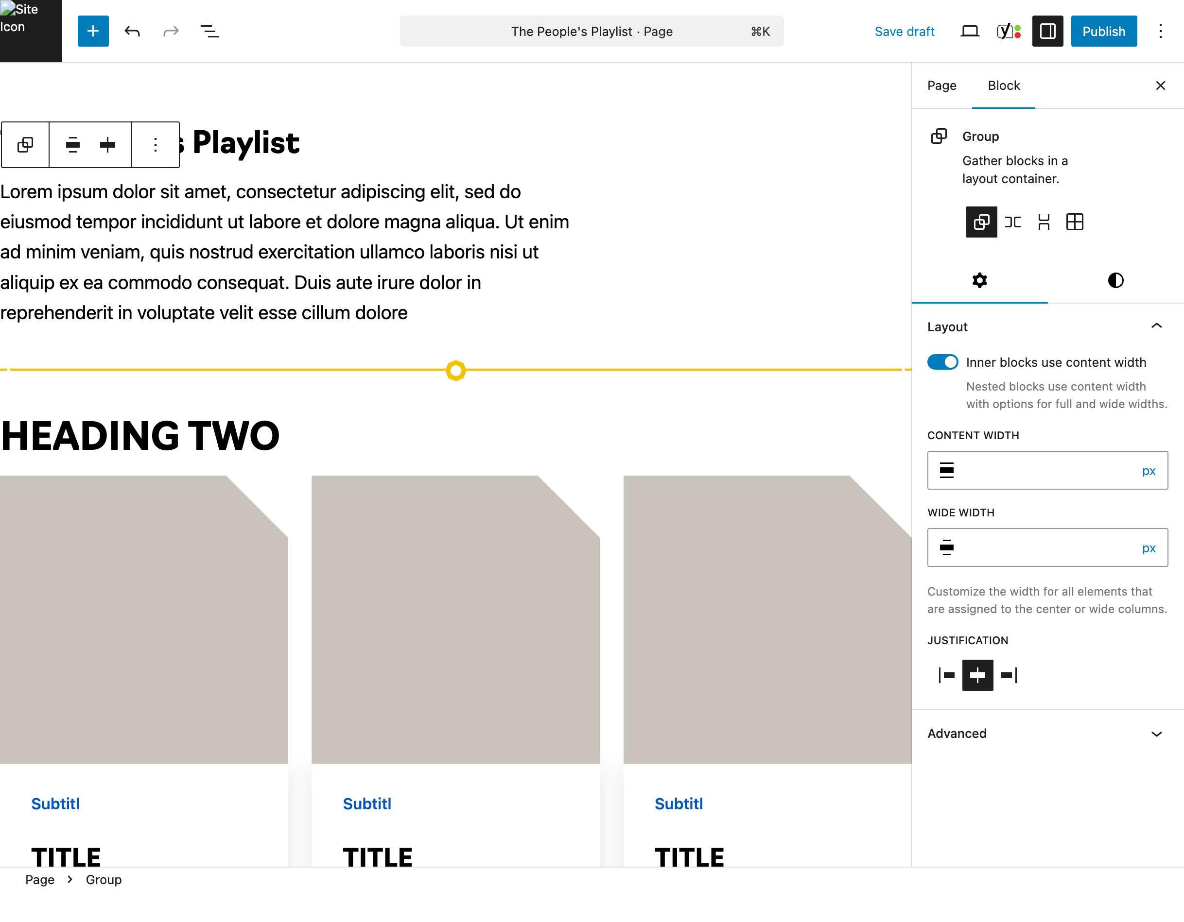 WordPress editor for The People’s Playlist with a Group block selected and its layout controls visible in the block settings sidebar.
