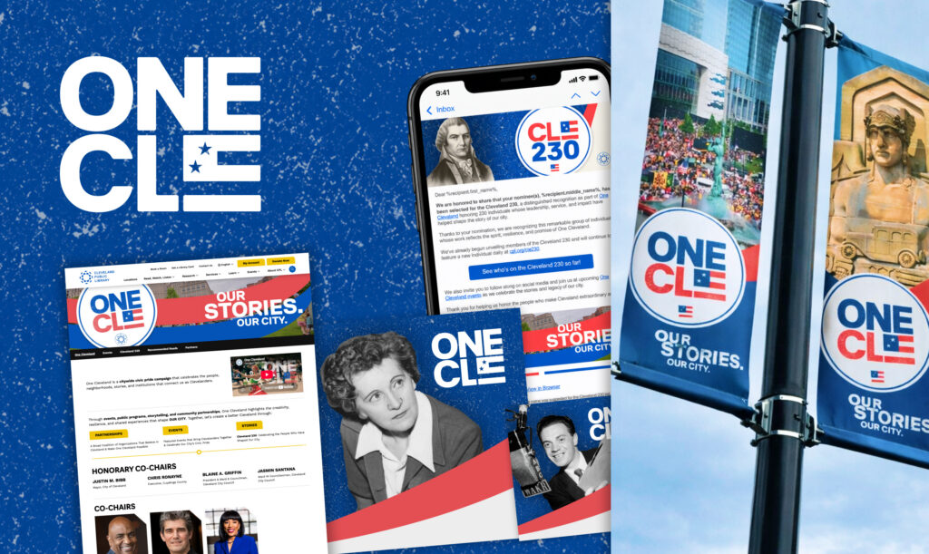 One Cleveland’s campaign system carried a consistent visual language across the microsite, email, editorial profiles, video, and public-facing street graphics.